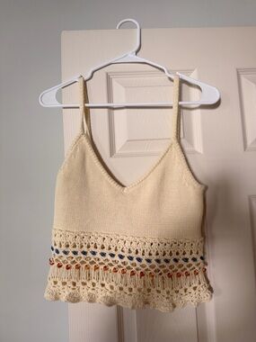 Tularosa Cream Crochet-Trim Knit Crop Cami with Bead Detail